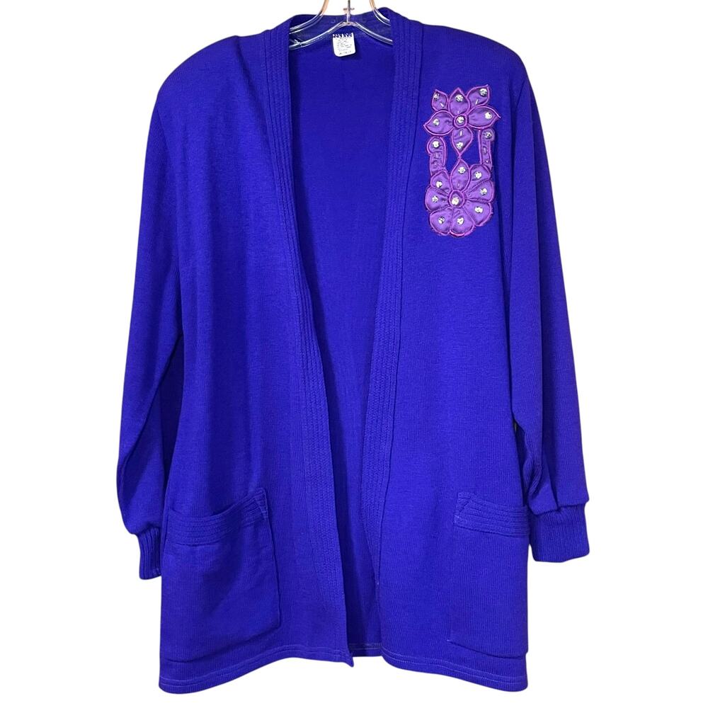 Vintage Purple Cardigan Long Knit Applique Beaded Shoulder Pads OS